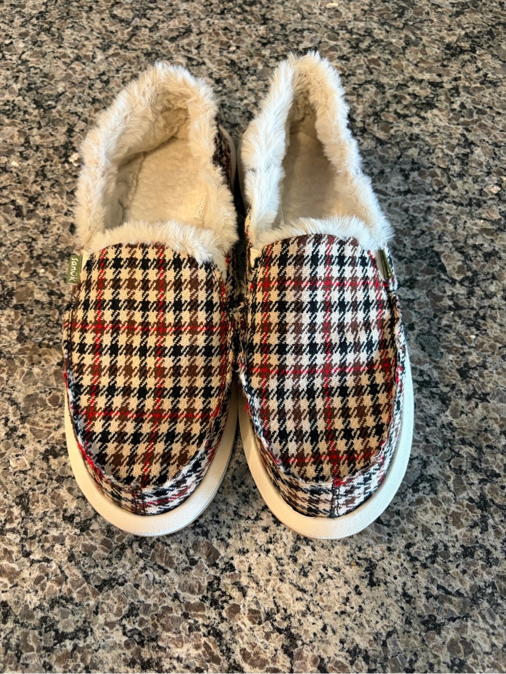 Sanuk Women's Plaid Slip-On Slippers in Cream, Black, and Red